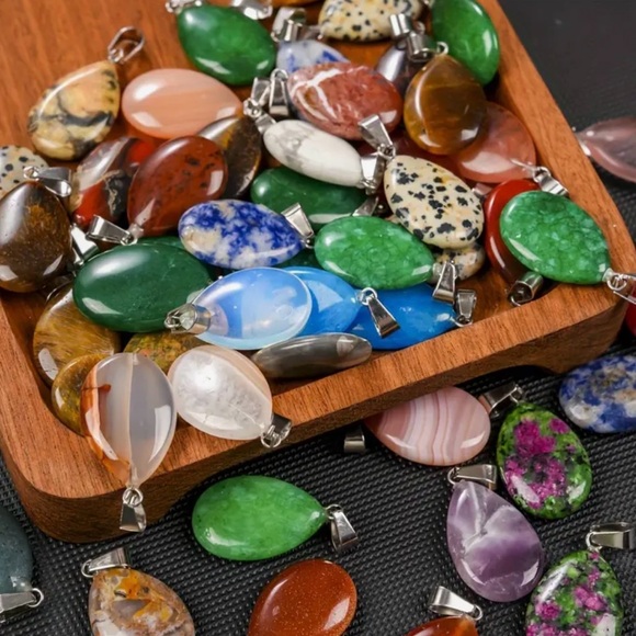 ⭐️ 5 for $25 Natural Stone Water Droplet Pendant Necklace on a Black Cord - Picture 7 of 9